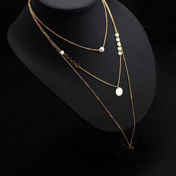 USA Pearl Multilayer Sequin Geometric Gold Lariat Necklace Jewelry - Picture 3 of 5